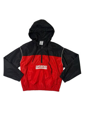 Super Nintendo Jacket Mens S Small Windbreaker Half Zip Pullover Hooded Geek